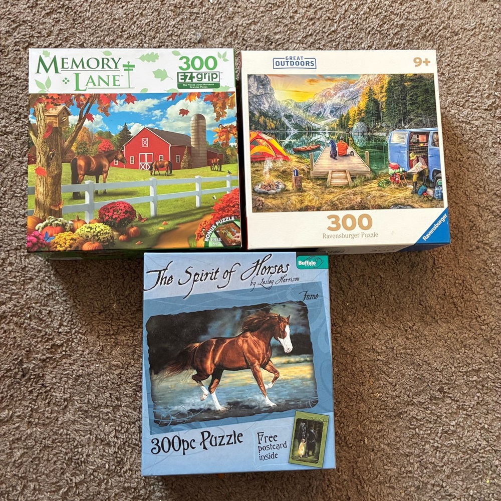 Lot of 3 Jigsaw Puzzles 300 Pieces Horses Nature Farm Camping Outdoors